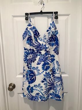 Farm Rio Floral Birds Sleeveless Mini Dress Blue/White Linen Size XS